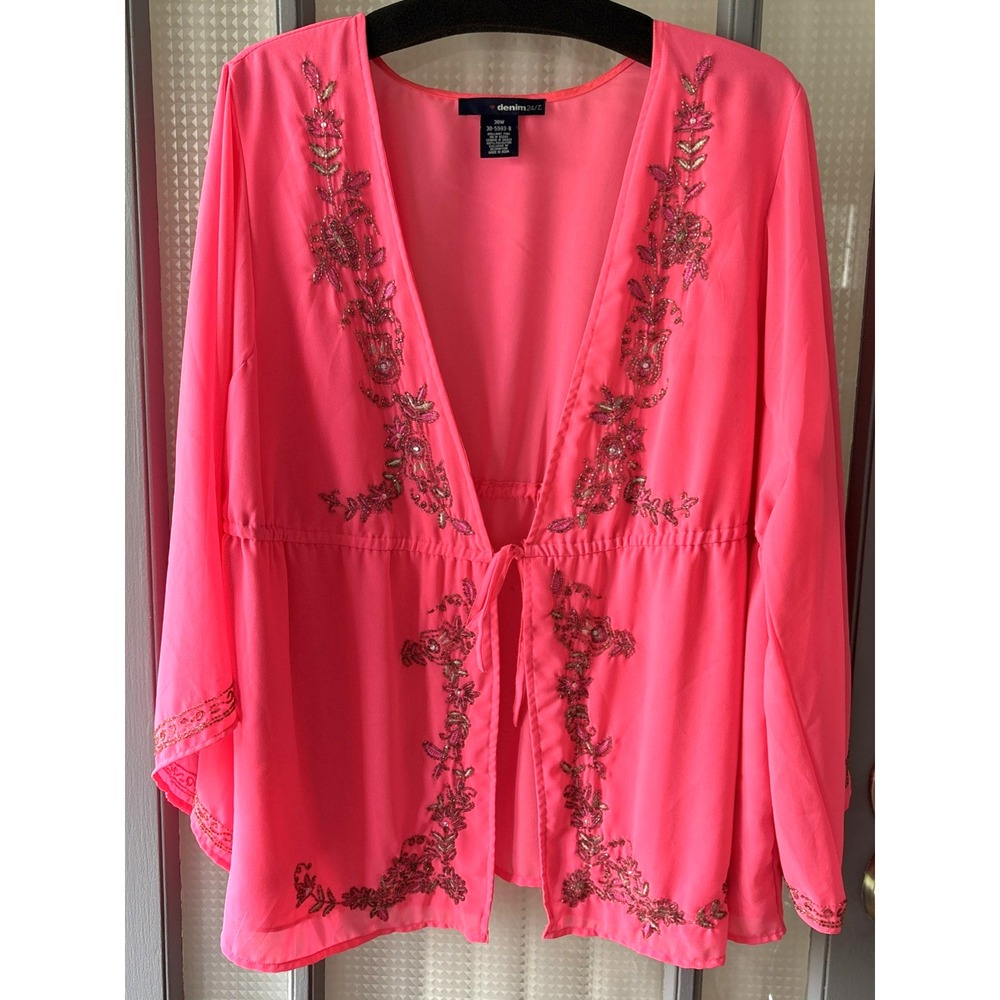 Denim 24/7 Pink Beaded Embroidered Kimono Top Chiffon Tie Front Plus Size 30W